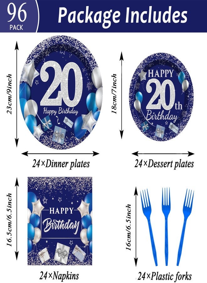 Wiooffen 96 Pcs 20th Birthday Party Supplies Navy Blue and Silver Birthday Plates 20th Birthday Paper Tableware Happy Birthday Party Plates and Napkins Forks Blue Birthday Table Decorations for 24 Guests - Image 2